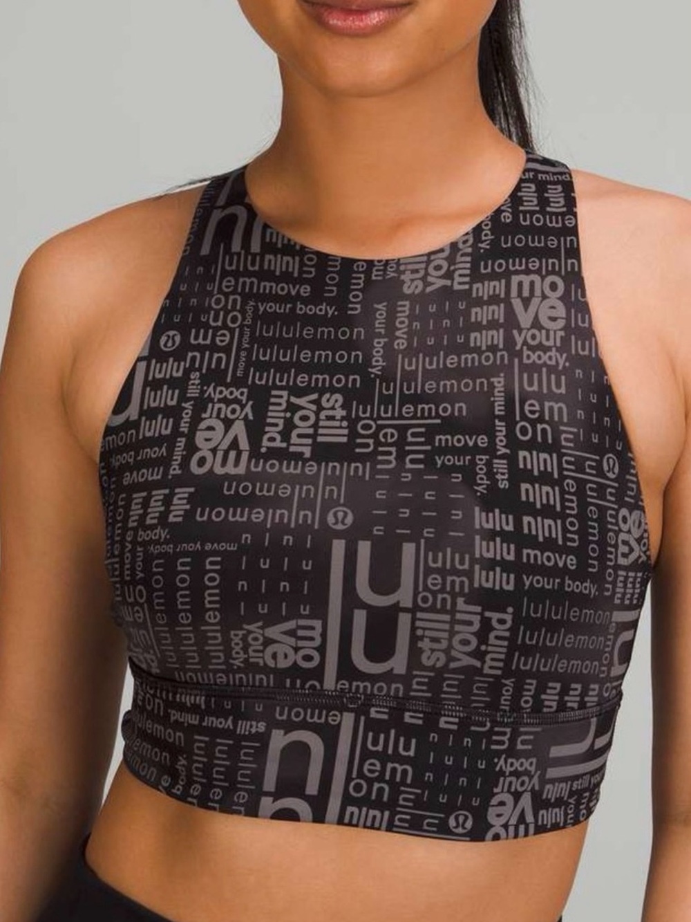 Lululemon Energy Longline Bra Logo Word Print Black Gray Size 6 Rare